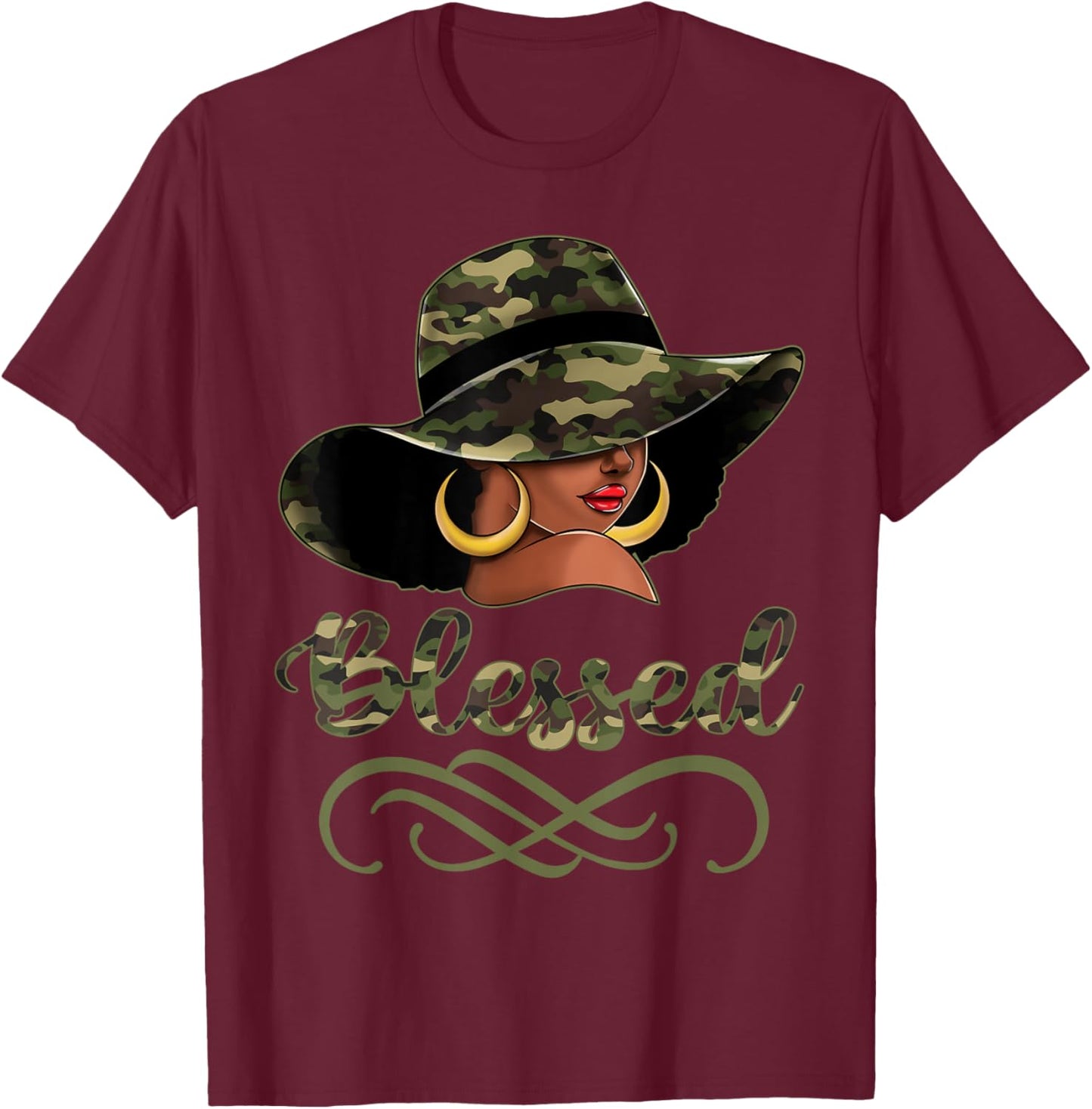 Blessed African American Black Woman Camo Hat Christian T-Shirt - T-Shirt | Maroon