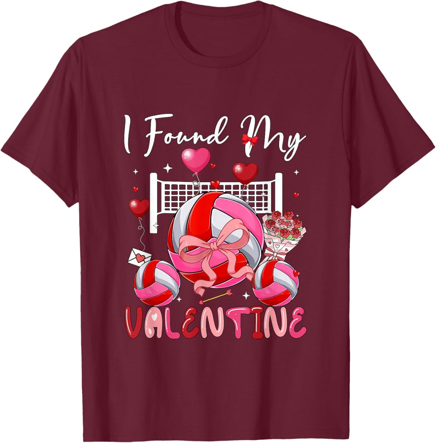 I Found My Valentine Volleyball Equipment Bow Tie Player T-Shirt - T-Shirt | Maroon