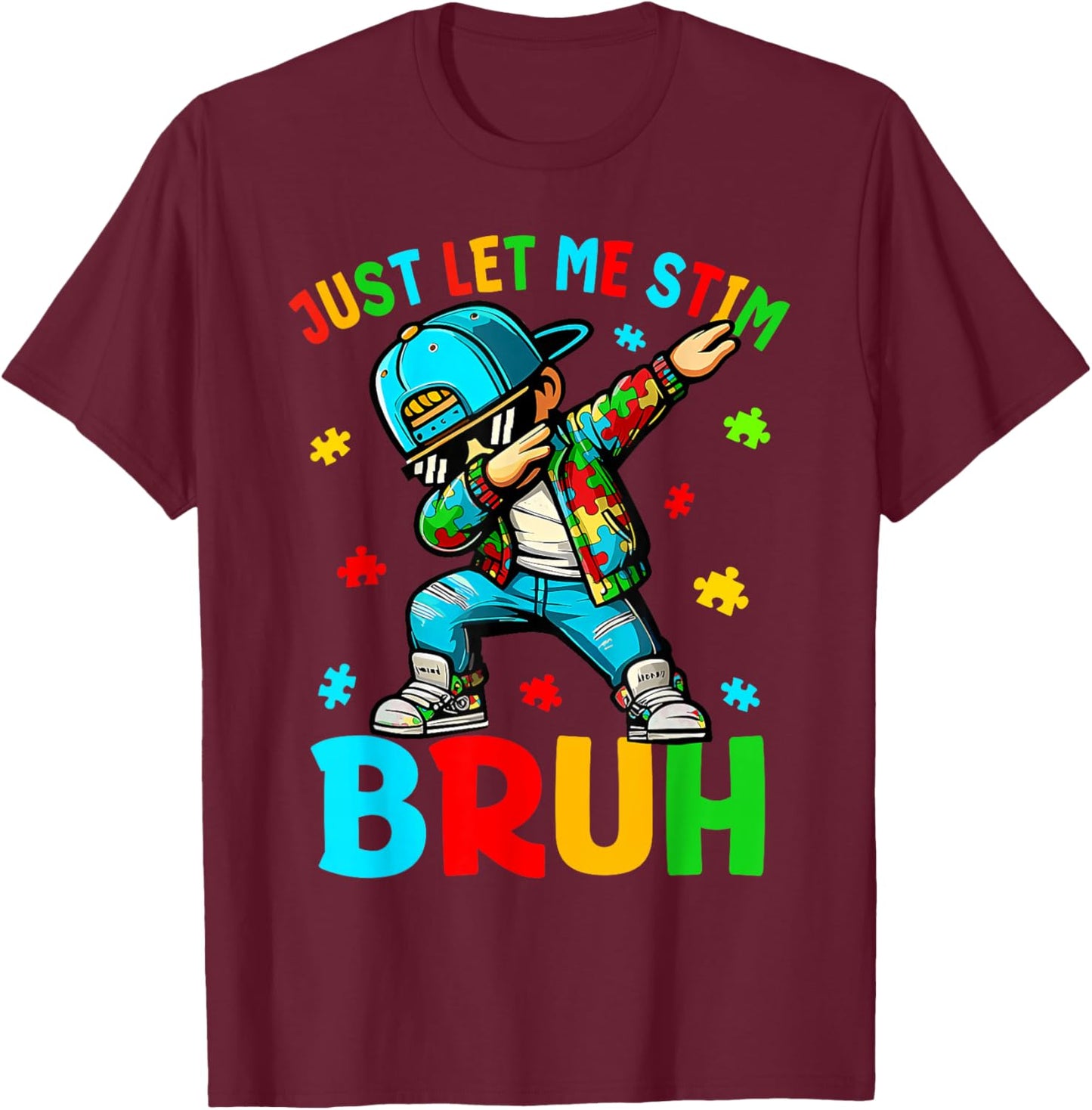 Just Let Me Stim Bruh Dabbing Boy Puzzle Autism Awareness T-Shirt - T-Shirt | Maroon