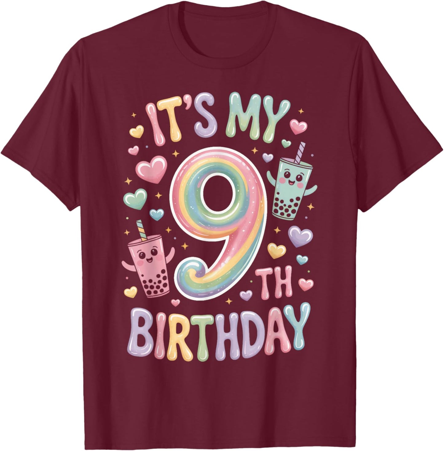 Its My 9th Birthday Boba Tea Lovers 9 Year Old Party T-Shirt - T-Shirt | Maroon