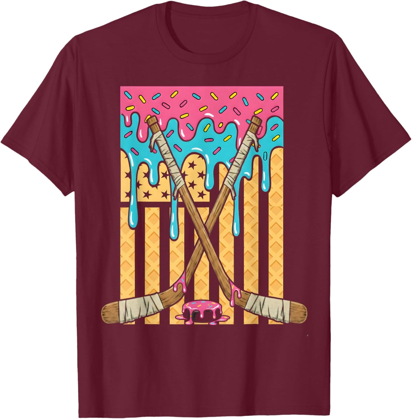 Ice Hockey Ice Cream Drip Boys American Flag Youth Players T-Shirt - T-Shirt | Maroon