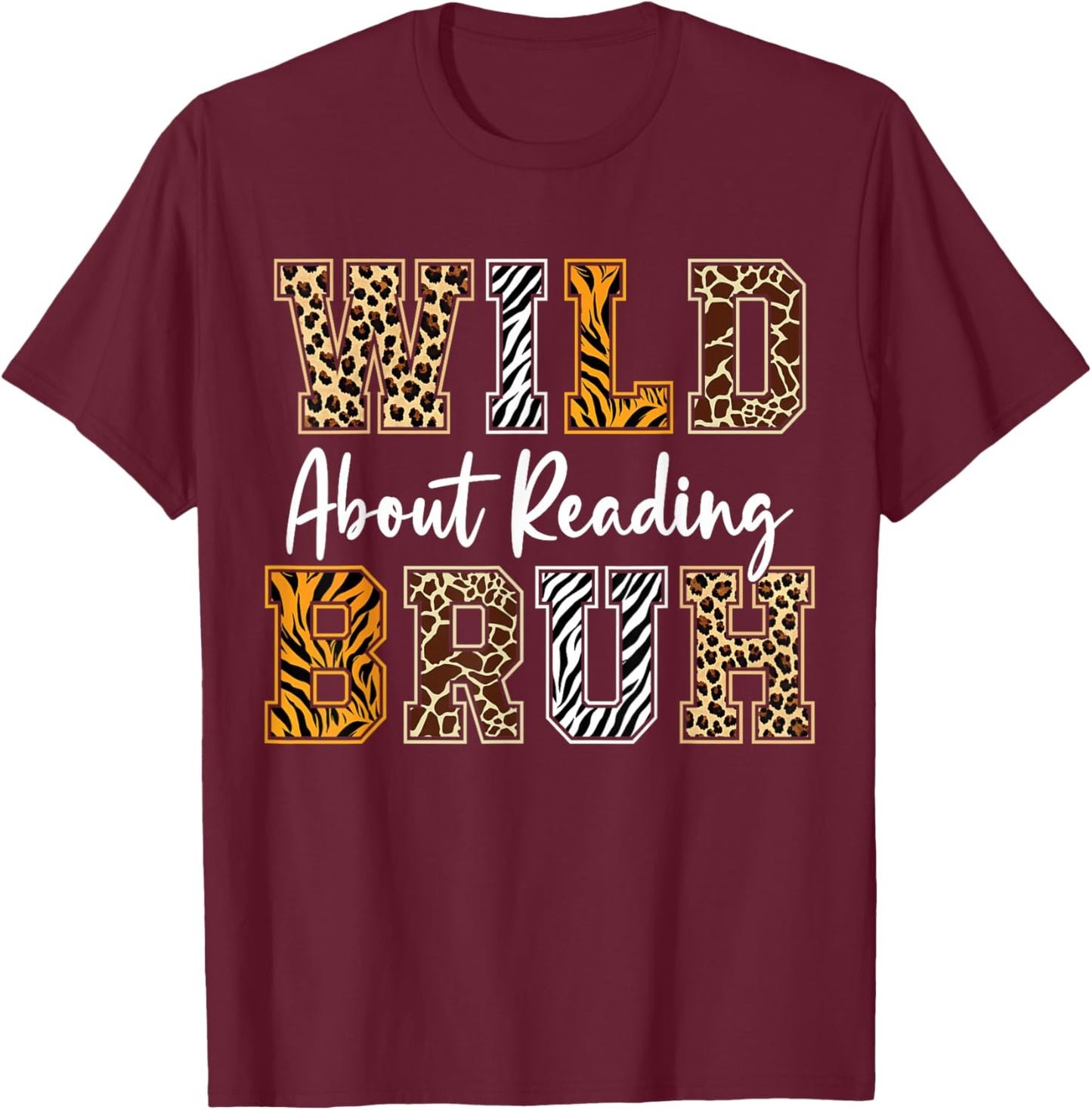 Boys Animal Print Clothes Wild About Reading Kids Book Lover T-Shirt - T-Shirt | Maroon