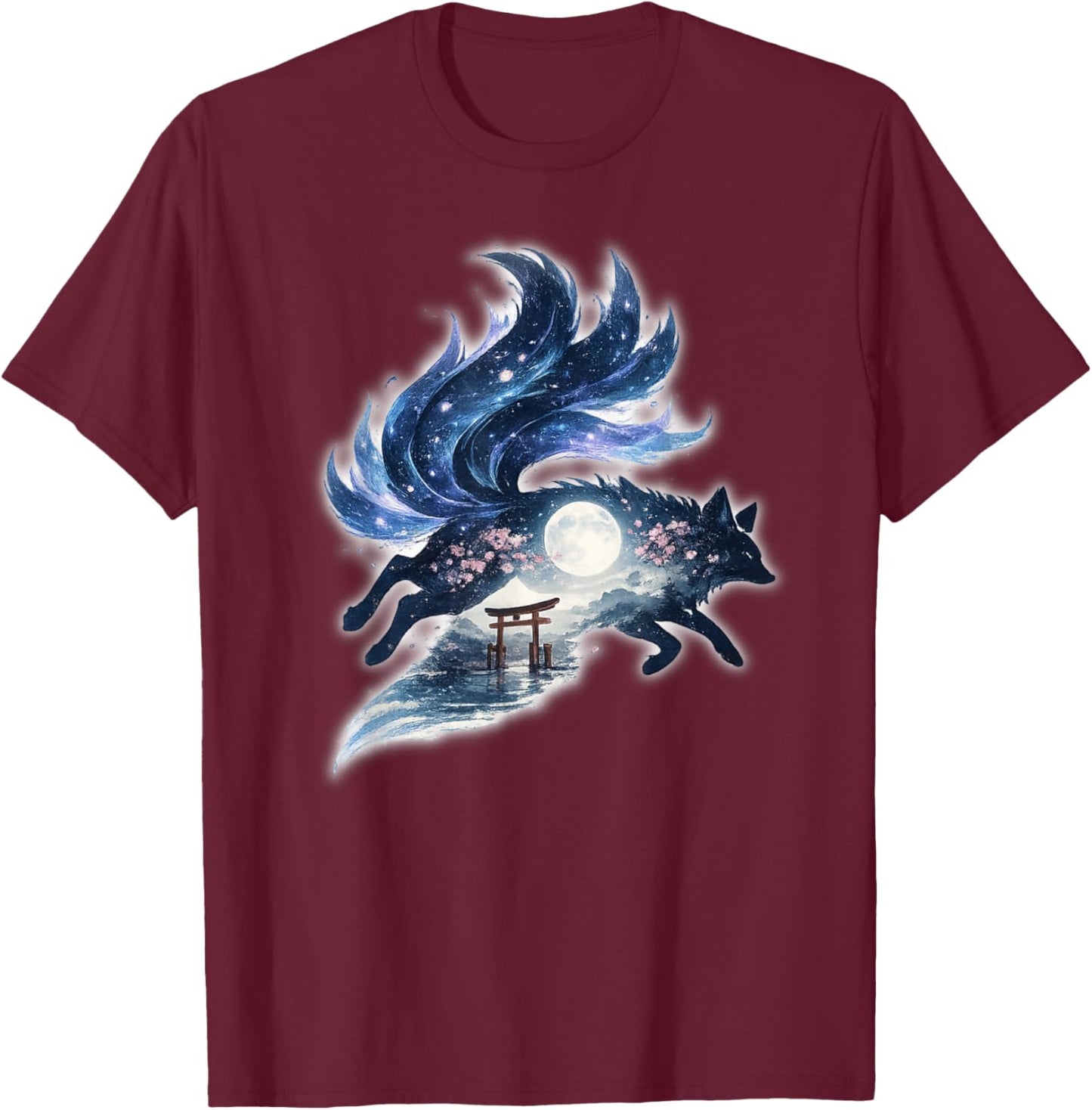 Nine Tailed Fox Kitsune Jumping Japanese Mythology Galaxy T-Shirt - T-Shirt | Maroon