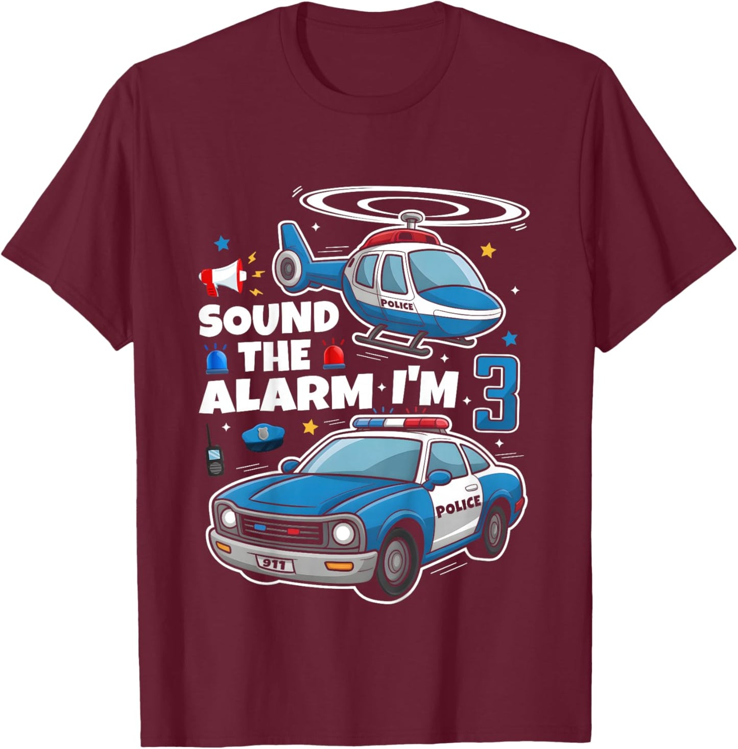 Police 3rd Birthday Boy Girl 3 Year Old Policeman Police Car T-Shirt - T-Shirt | Maroon