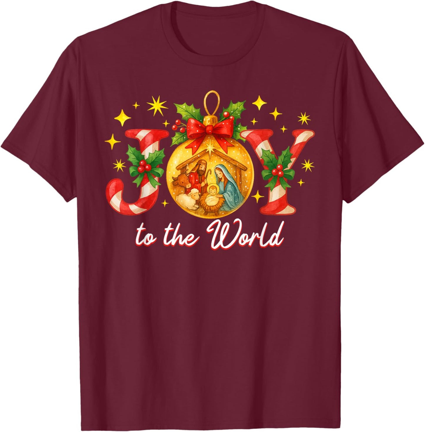 Joy to The World Christmas Christian Nativity T-Shirt - T-Shirt | Maroon