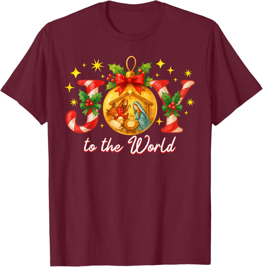 Joy to The World Christmas Christian Nativity T-Shirt - T-Shirt | Maroon