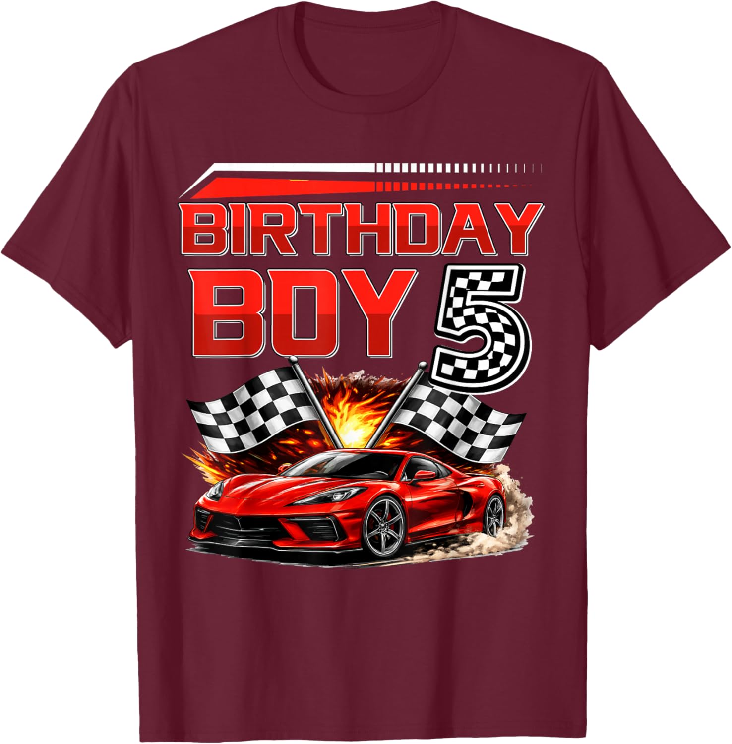 Birthday Boy 5 Years Race Car 5th Birthday Racing Car Kids T-Shirt - T-Shirt | Maroon