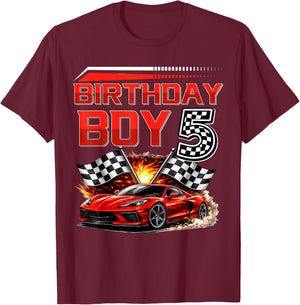Birthday Boy 5 Years Race Car 5th Birthday Racing Car Kids T-Shirt - T-Shirt | Maroon