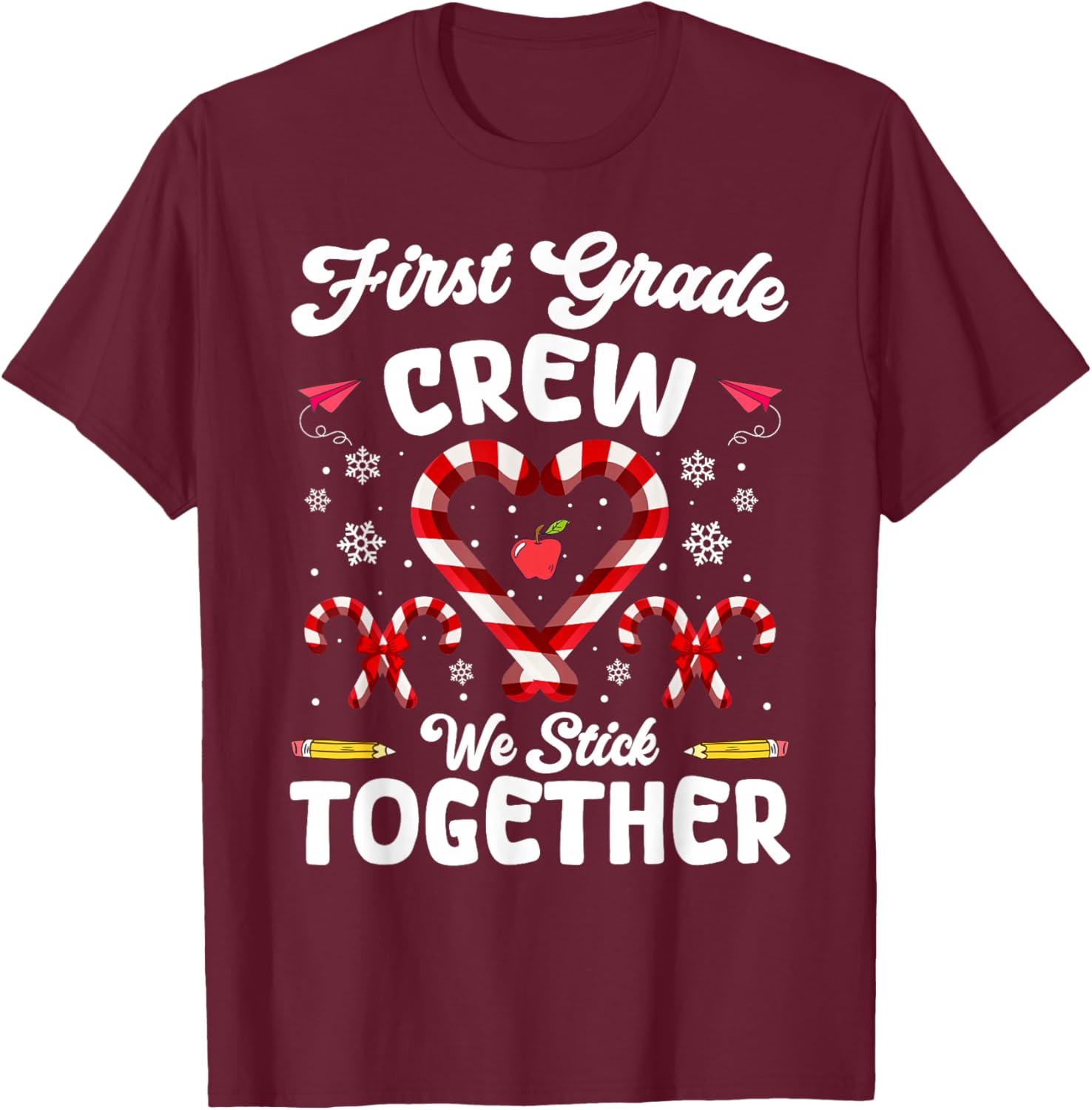 Christmas First Grade Teacher Holiday Family Matching Xmas T-Shirt - T-Shirt | Maroon
