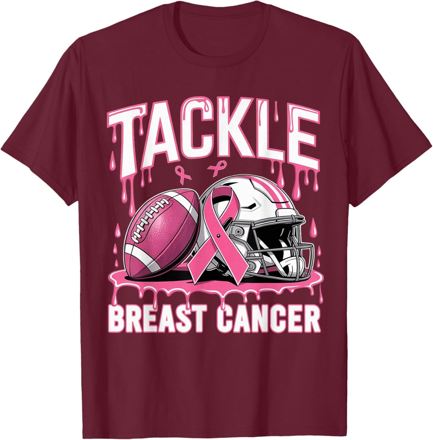 Dripping Football Pink Ribbon Tackle Breast Cancer Awareness T-Shirt - T-Shirt | Maroon