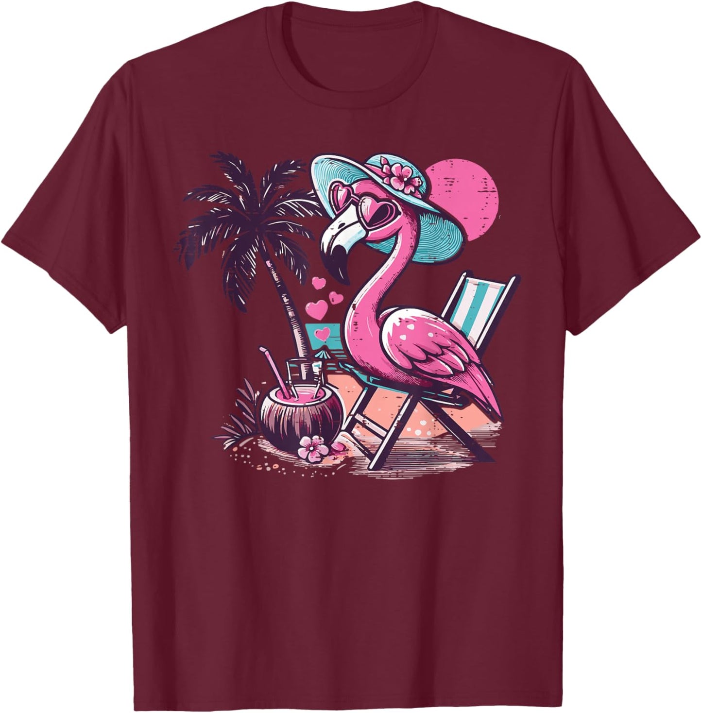 Summer Flamingo Beach Chair Tree Vacation Women Girls Kids T-Shirt - T-Shirt | Maroon