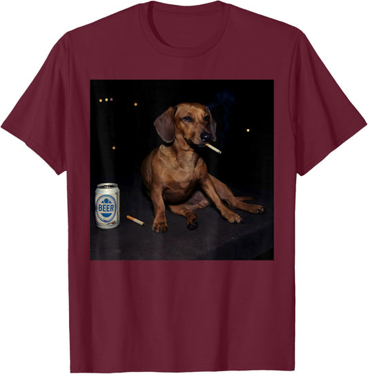 Funny Smoking Dachshund Cigarette Beer Gen Z T-Shirt - T-Shirt | Maroon