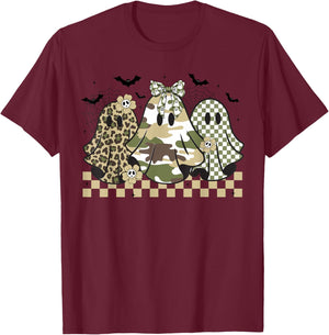 Ghost Coquette Bow Camo & Leopard Print Halloween Women T-Shirt - T-Shirt | Maroon