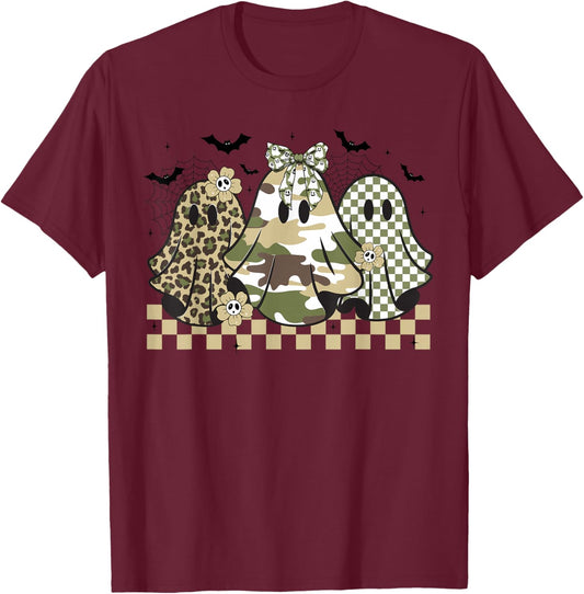 Ghost Coquette Bow Camo & Leopard Print Halloween Women T-Shirt - T-Shirt | Maroon
