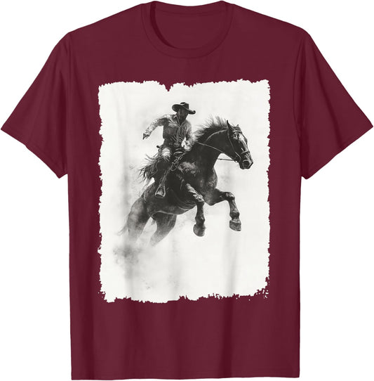 Cowboy On Rearing Horse Rodeo Action Wild West T-Shirt - T-Shirt | Maroon