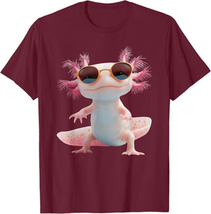 Axolotl Wearing Sunglasses Kawaii Funny Graphic T-Shirt - T-Shirt | Maroon