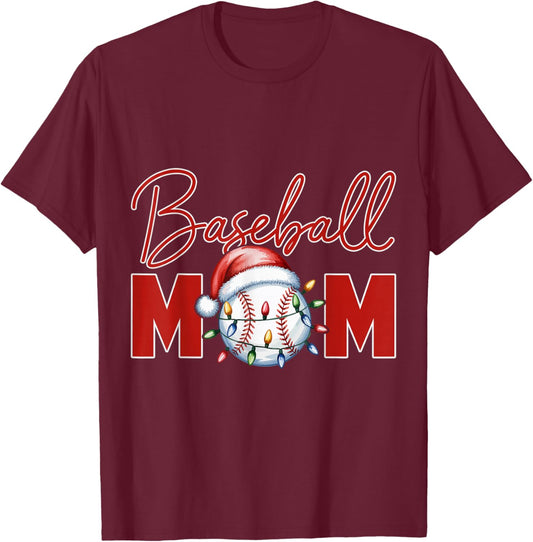 Baseball Mom Christmas Ballgame Sport Mommy Santa Hat Xmas T-Shirt - T-Shirt | Maroon