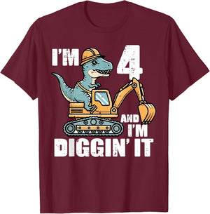 Im 4 and Diggin It Dino Excavator 4th Birthday Trex Boys Kid T-Shirt - T-Shirt | Maroon