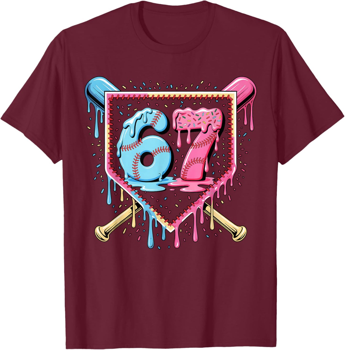 Baseball 67 Ice Cream Drip Funny Six Seven Meme Boy Girl Kid T-Shirt - T-Shirt | Maroon