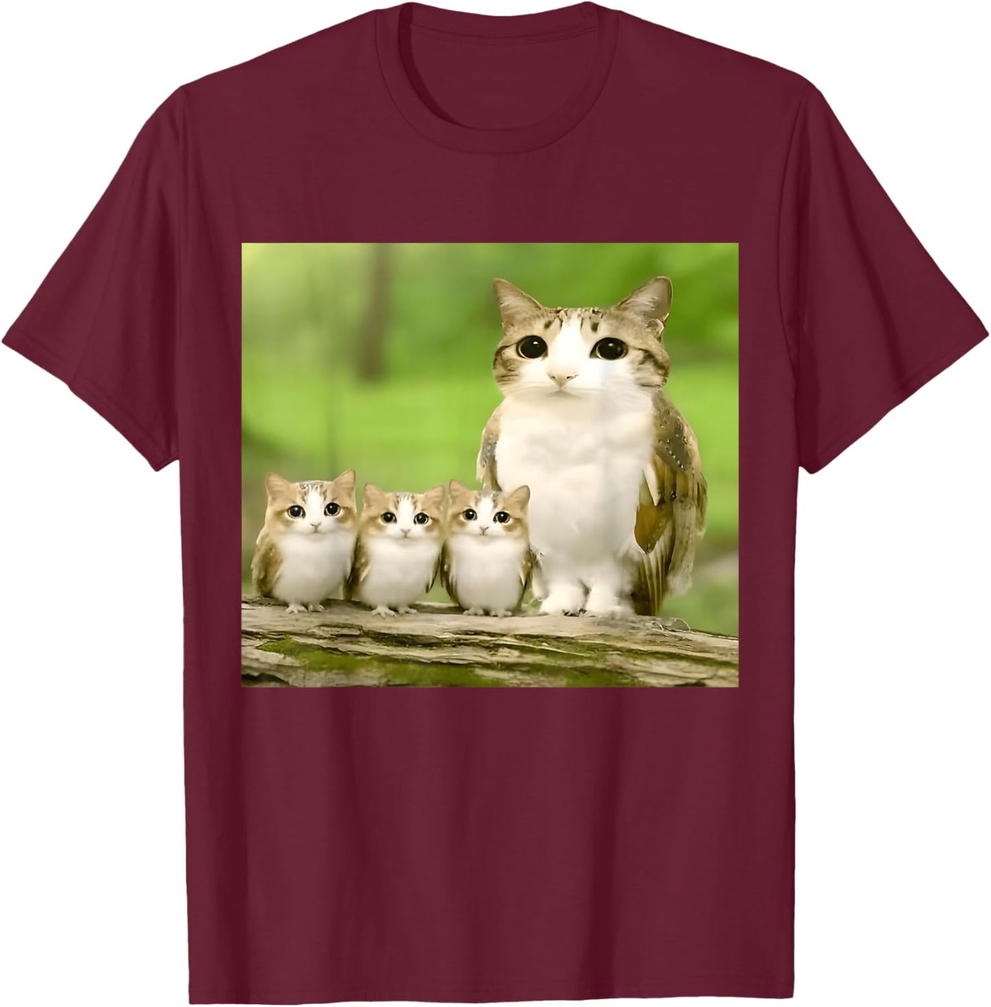Meowl Mom with Babies meolws Funny cat owl Cute brainrot T-Shirt - T-Shirt | Maroon