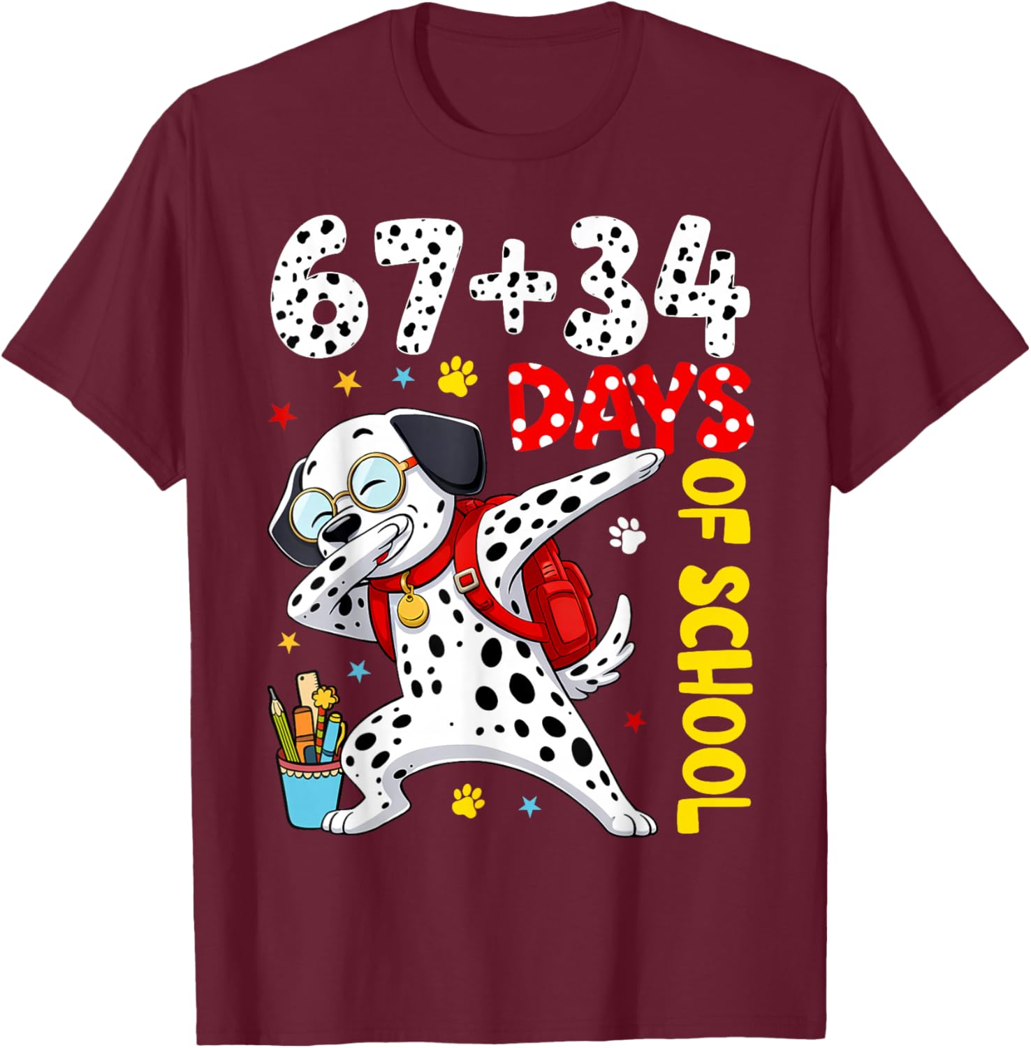 67 34 Days of School Dog Kids Boy Dabbing 100 Days of School T-Shirt - T-Shirt | Maroon
