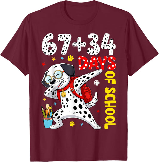 67 34 Days of School Dog Kids Boy Dabbing 100 Days of School T-Shirt - T-Shirt | Maroon
