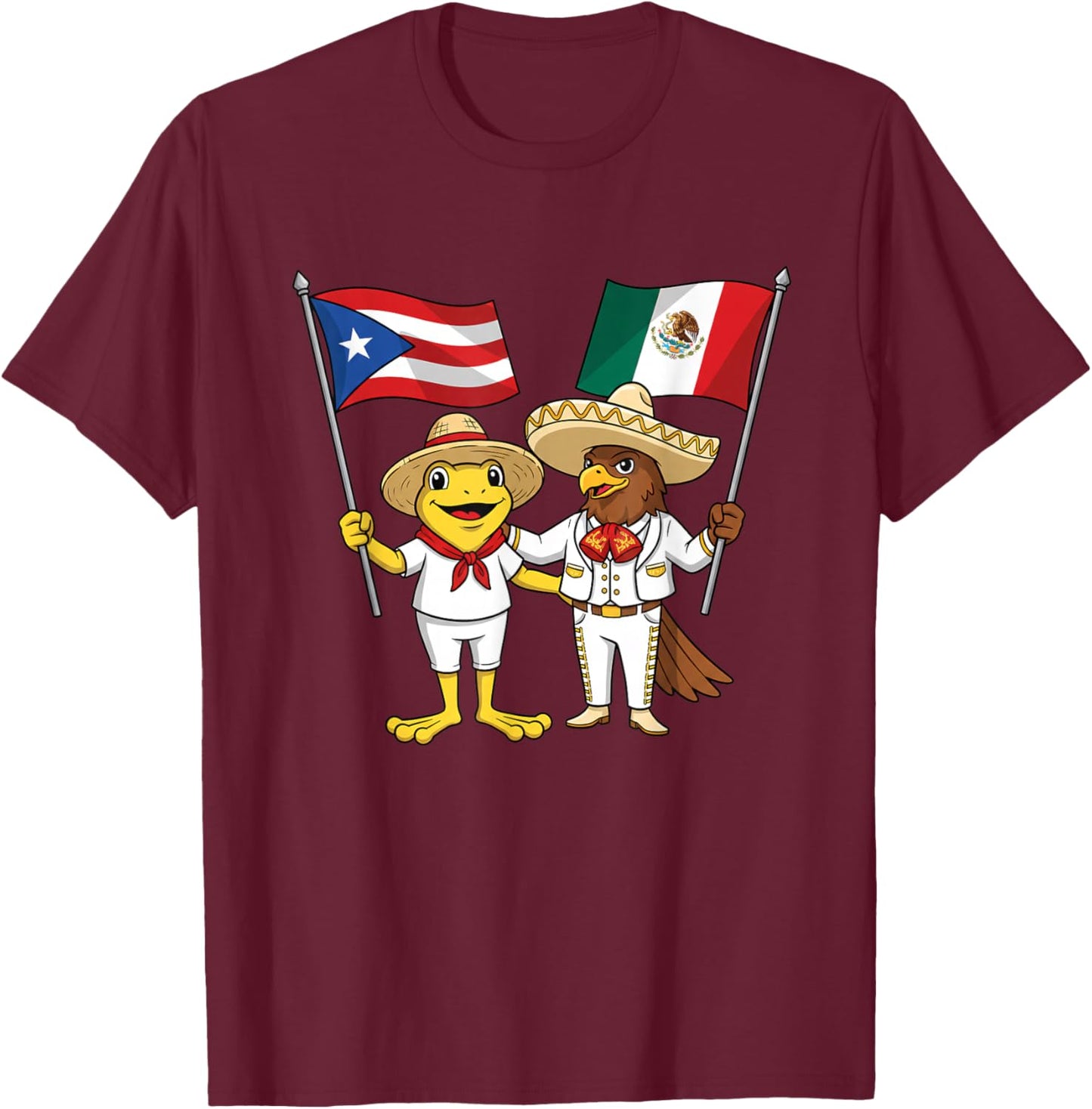 Latino Frog and Eagle Holding Puerto Rico Mexico Flags Cute T-Shirt - T-Shirt | Maroon