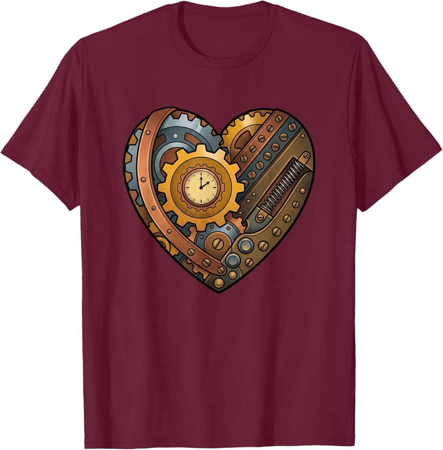 Steampunk Clockwork Heart with Cogs and Time Motif T-Shirt - T-Shirt | Maroon