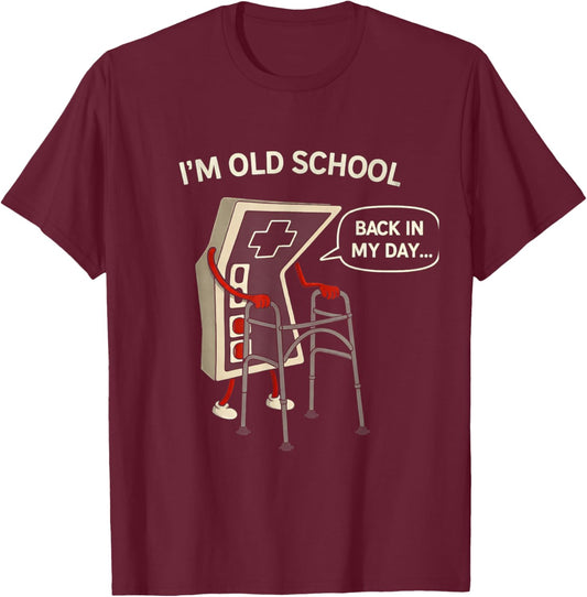 Vintage Controller Humor Aging Gamer Parody Character Game T-Shirt - T-Shirt | Maroon