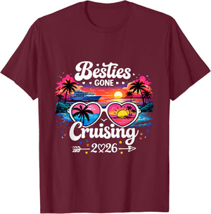 Besties Gone Cruising 2026 Girls Trip Sunset T-Shirt - T-Shirt | Maroon