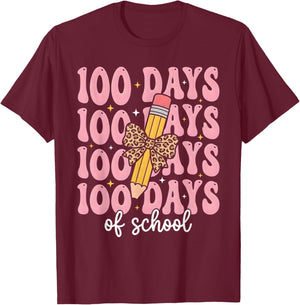 Funny 100 Days School Leopard Bow Pencil Teacher Life Girl T-Shirt - T-Shirt | Maroon
