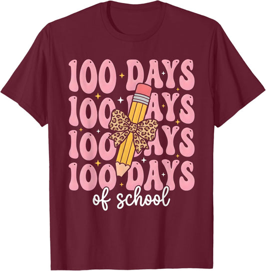 Funny 100 Days School Leopard Bow Pencil Teacher Life Girl T-Shirt - T-Shirt | Maroon