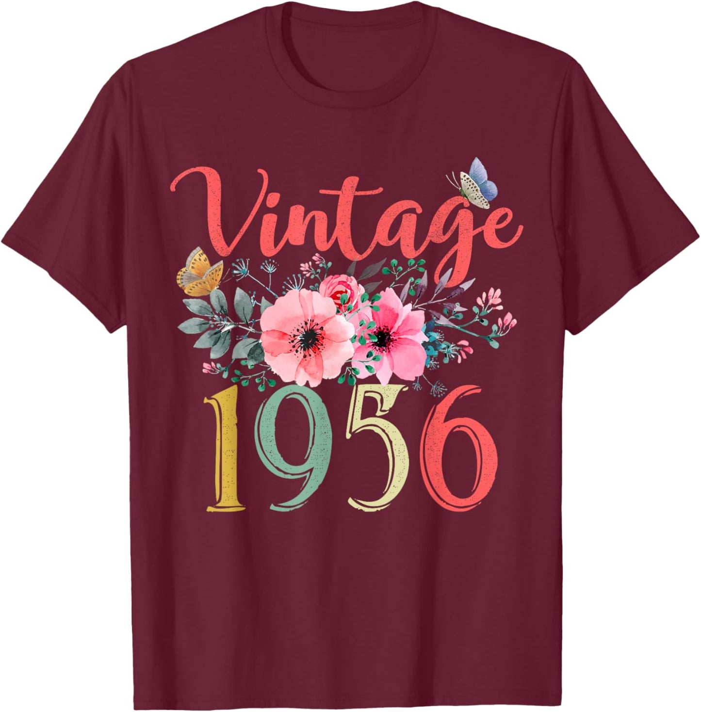 Vintage 1956 Floral Hippie Groovy Wildflower 70th Birthday T-Shirt - T-Shirt | Maroon