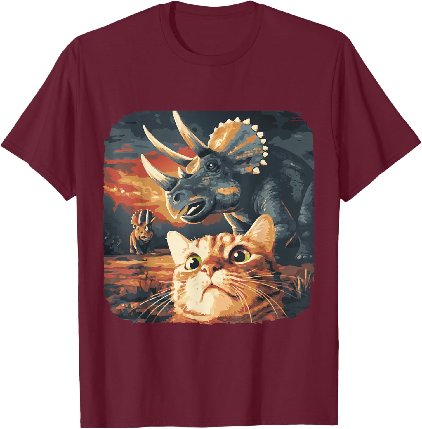 Funny Cat Selfie with Triceratops Dinosaur Jurassic Meme T-Shirt - T-Shirt | Maroon