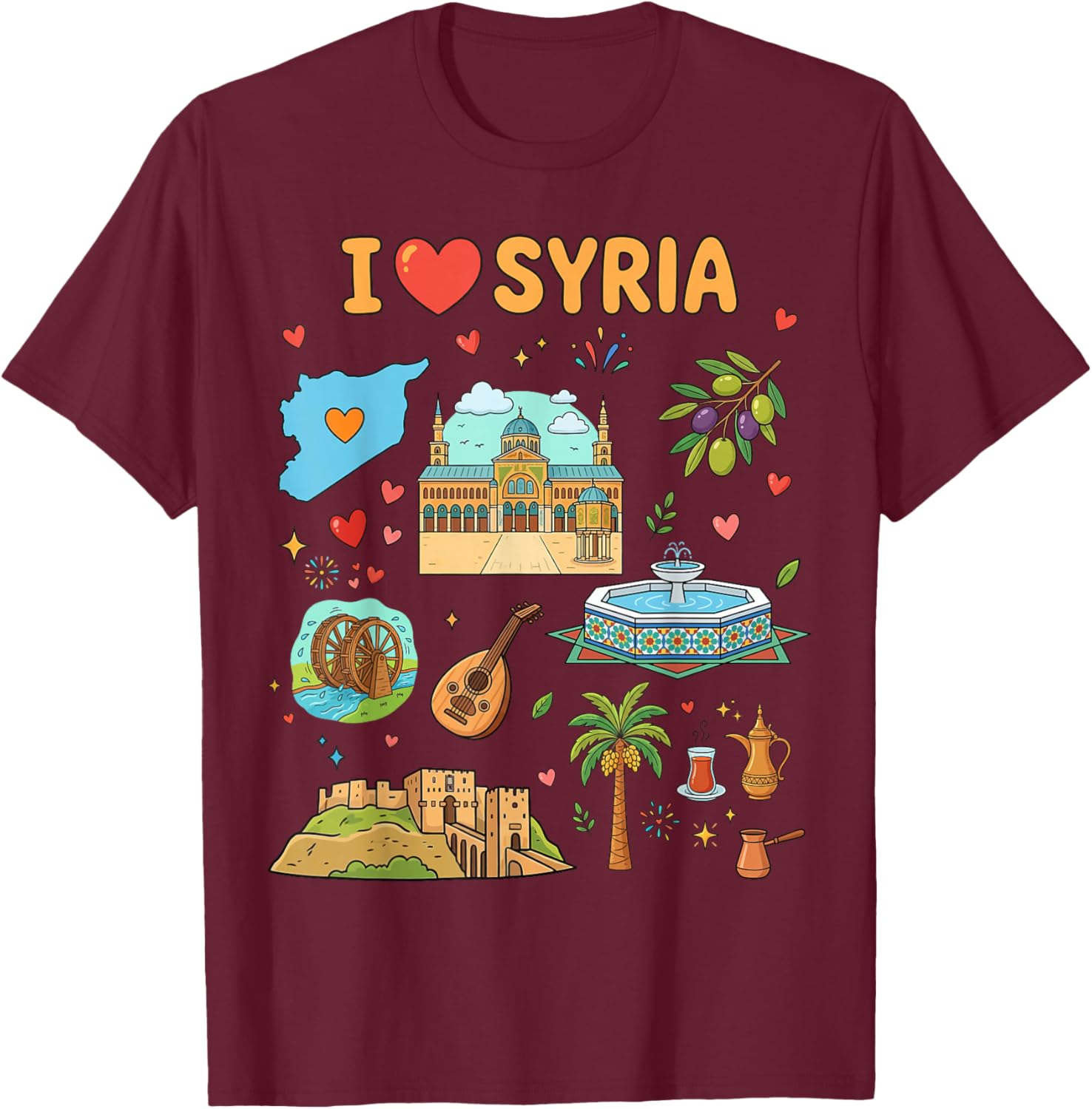 I Love Syria, Cute Cultural Icons Design, Syrian Heritage T-Shirt - T-Shirt | Maroon