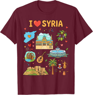I Love Syria, Cute Cultural Icons Design, Syrian Heritage T-Shirt - T-Shirt | Maroon