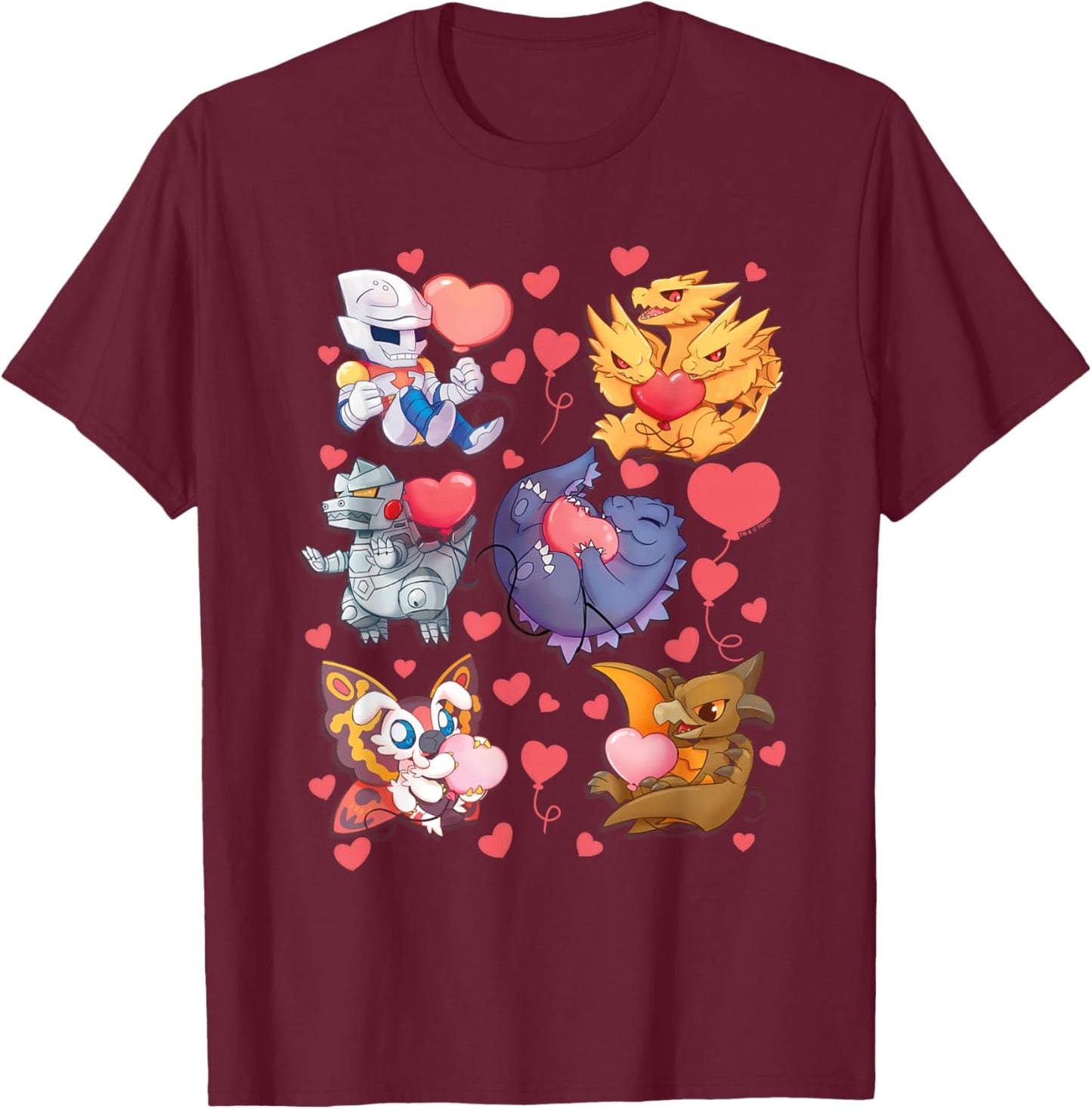 Godzilla Heart Character Collage Valentine's Day Love Kaiju T-Shirt - T-Shirt | Maroon