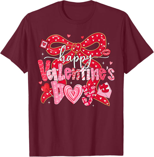 Coquette Bow Happy Valentine Heart Love Girl Women Kid T-Shirt - T-Shirt | Maroon