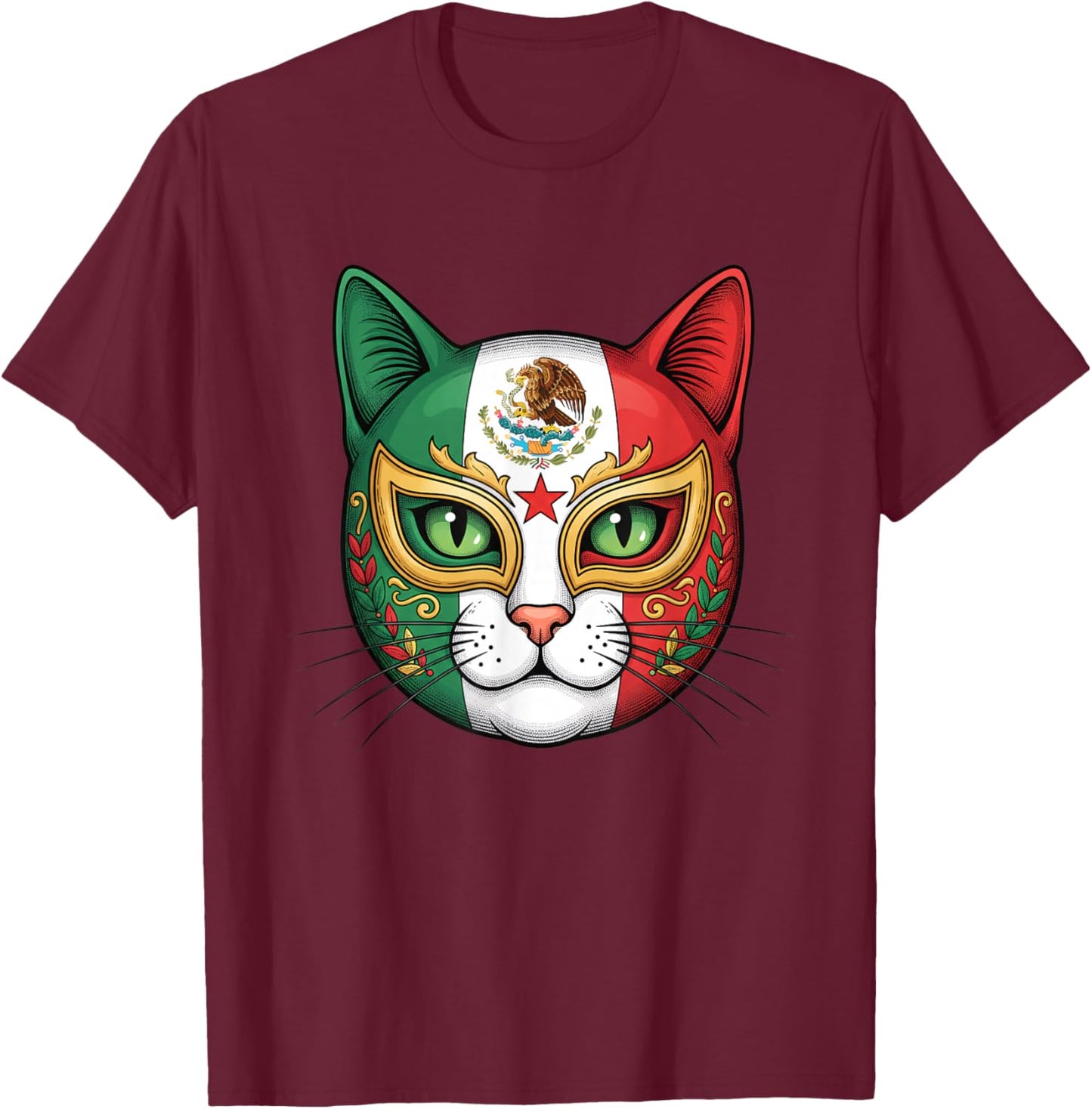 Mexican Lucha Libre Cat Mask Mexico Flag Kitty Mexican Pride T-Shirt - T-Shirt | Maroon