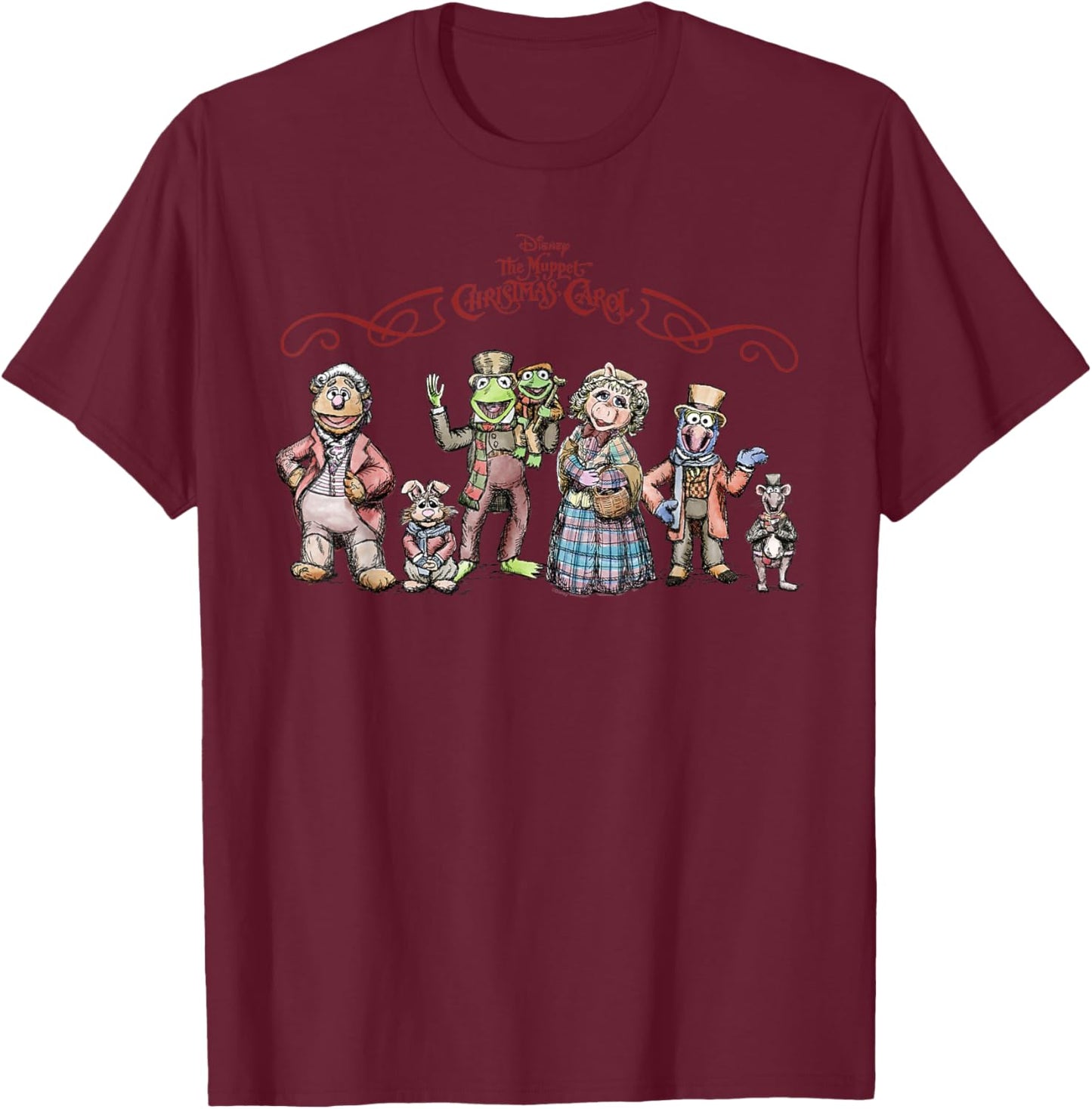 Disney The Muppet Christmas Carol Holiday Character Lineup T-Shirt - T-Shirt | Maroon
