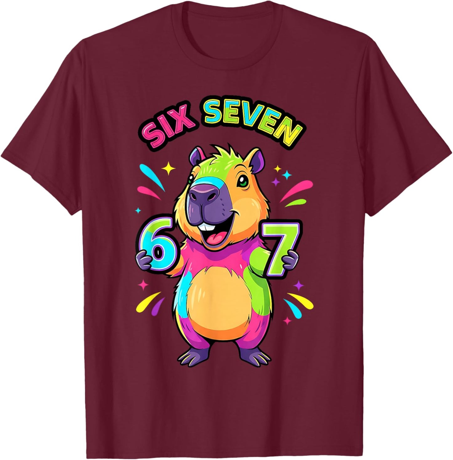 Funny Colorful Capybara Six Seven 67 Cartoon Kids Boys T-Shirt - T-Shirt | Maroon