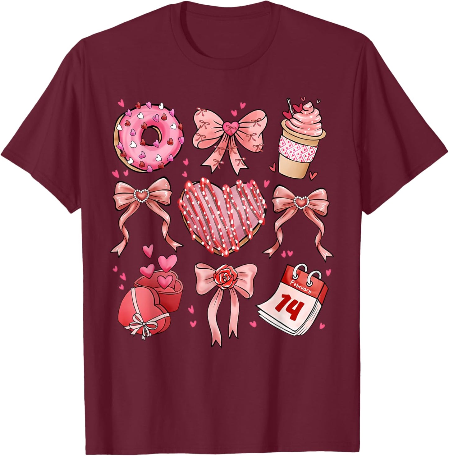 Coquette Bow Leopard Hearts Valentine Women Girl Girly T-Shirt - T-Shirt | Maroon
