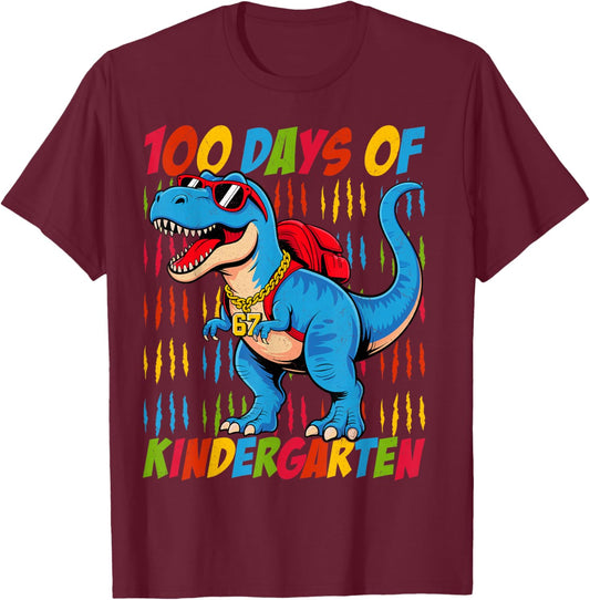100 Days of Kindergarten Trex Dinosaur Kids Boys School T-Shirt - T-Shirt | Maroon