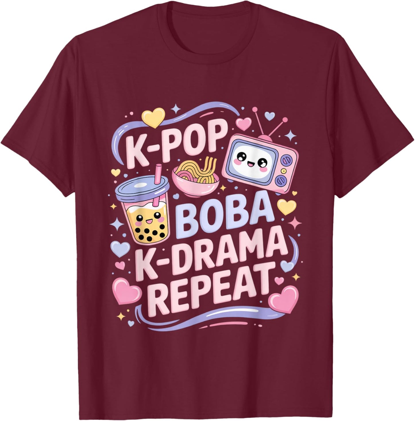 K-Pop Boba K-Drama Repeat K-POP Music Lover Kawaii Korean T-Shirt - T-Shirt | Maroon