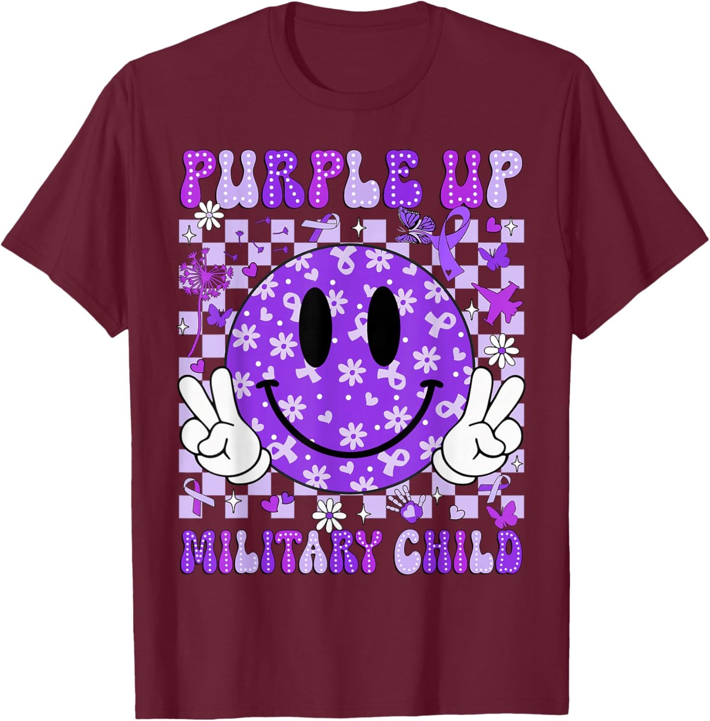 Purple Up Military Child Month Smile Face Women Men Kids T-Shirt - T-Shirt | Maroon