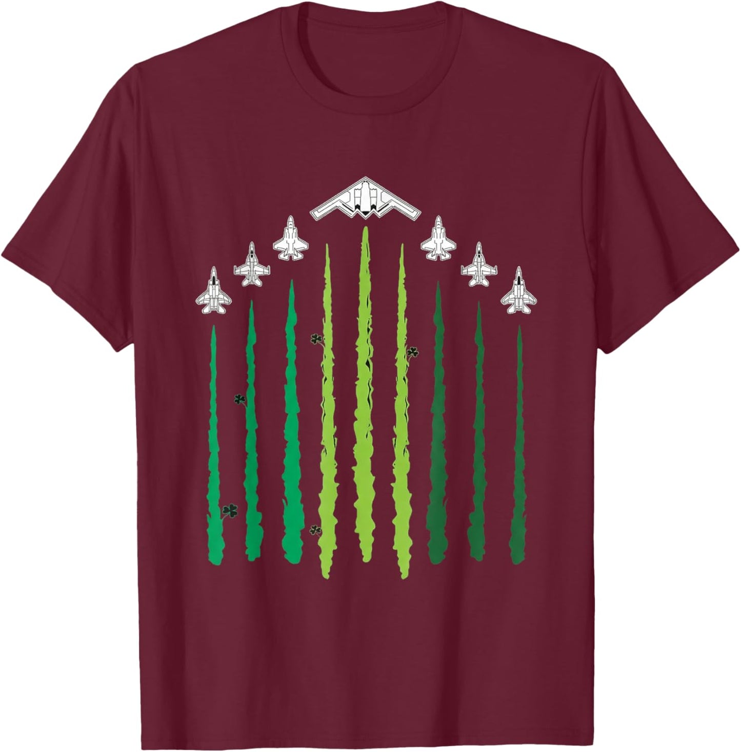 Lucky Stealth Bomber Shamrock Jet Formation St Patricks Day T-Shirt - T-Shirt | Maroon