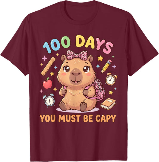 100 Days of School Girls Capybara with Leopard Bow Kids T-Shirt - T-Shirt | Maroon