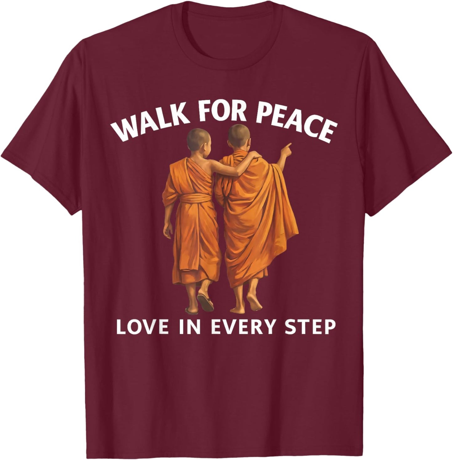 Retro Peace Walking Monks & Dog Minimalist Zen Art T-Shirt - T-Shirt | Maroon