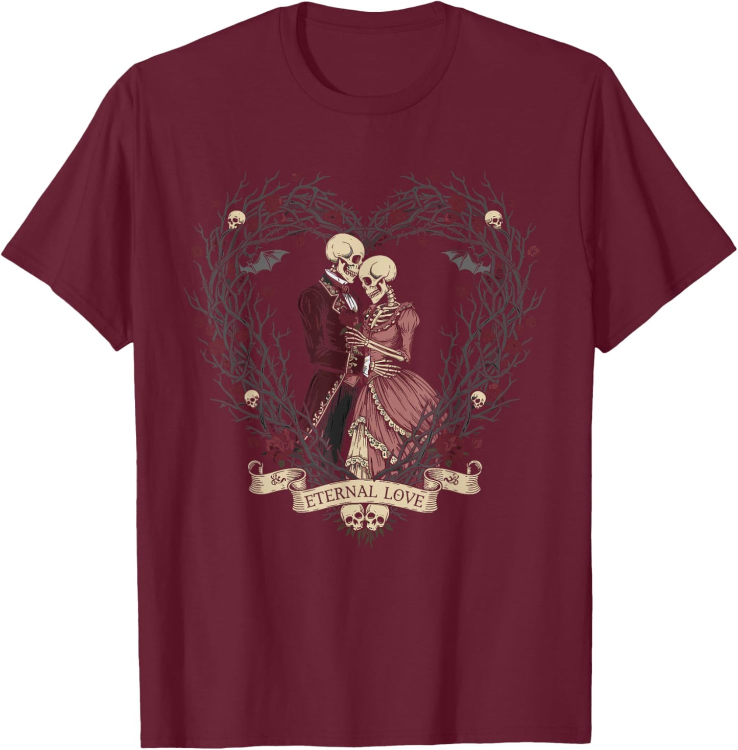 Victorian Gothic Skeleton Thorn Heart Couple Anti Valentine T-Shirt - T-Shirt | Maroon