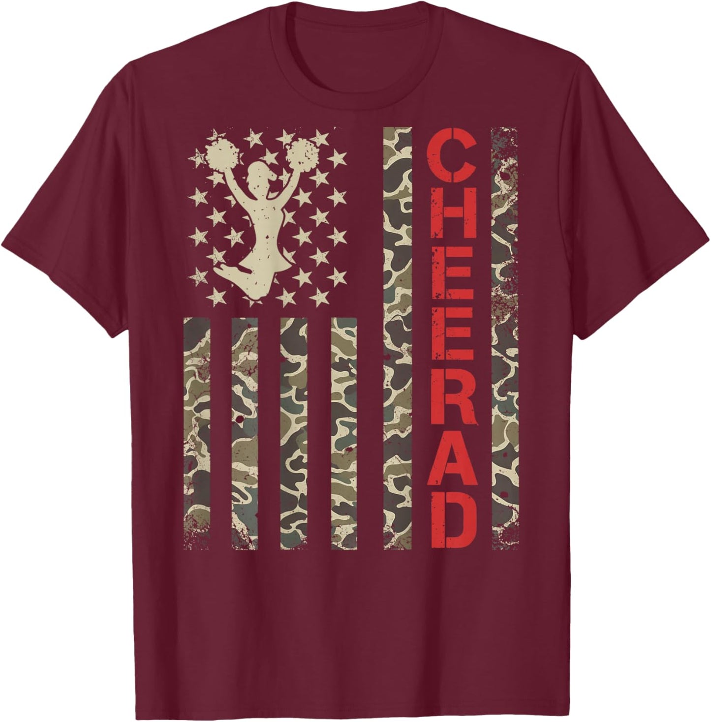 (ON Back) Cheer Dad Camo US Flag Father's Day Cheerleader T-Shirt - T-Shirt | Maroon